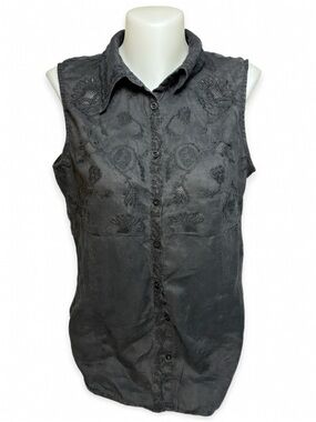 Edward 100% Linen Black Sleeveless Button Down Top Tonal Floral Embroidery Large